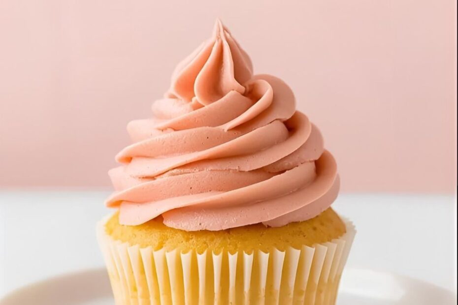 A beautifully frosted cupcake with dusty rose icing, with a text overlay that says "How to Make Dusty Rose Icing."