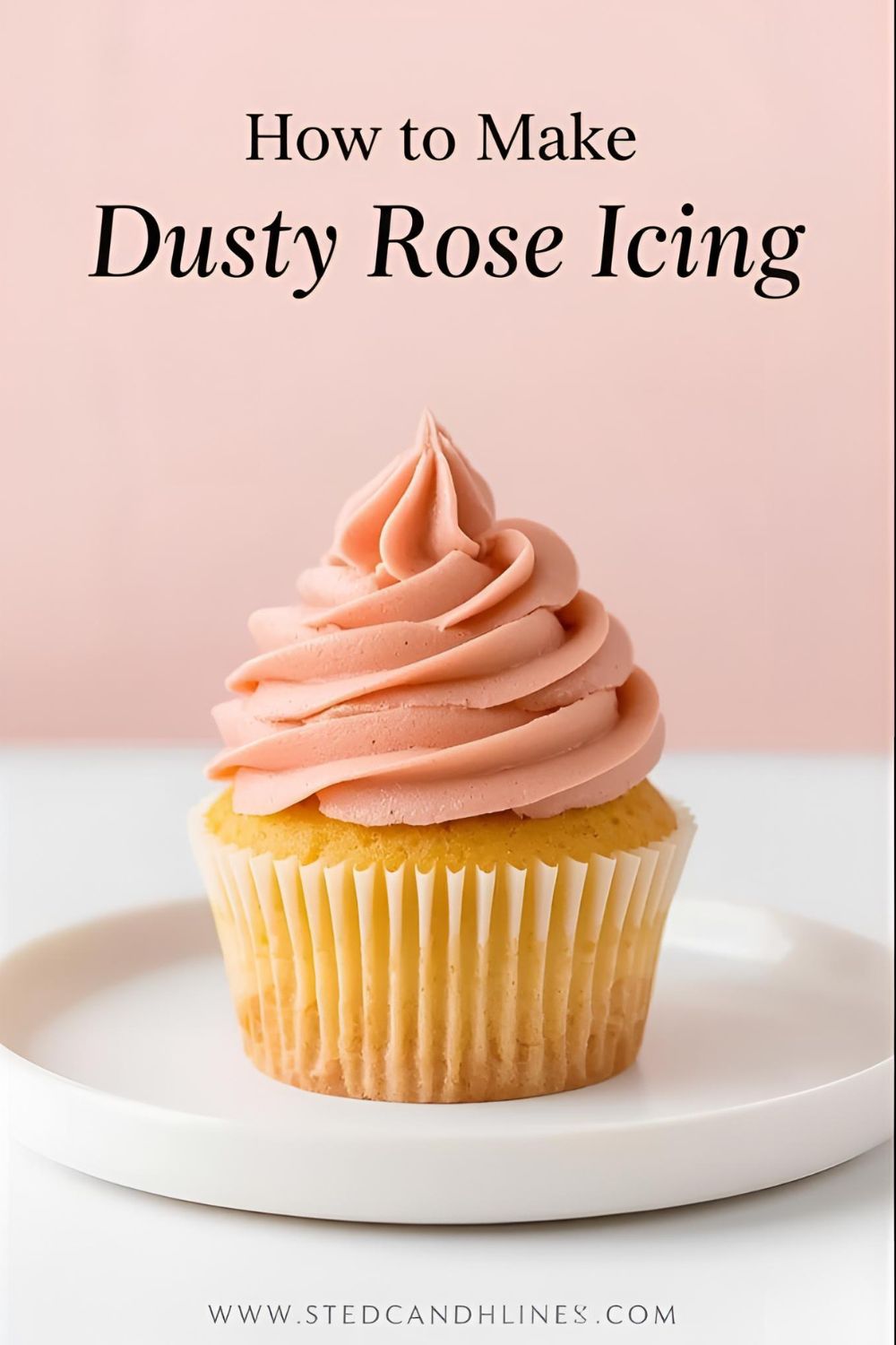 A beautifully frosted cupcake with dusty rose icing, with a text overlay that says "How to Make Dusty Rose Icing."