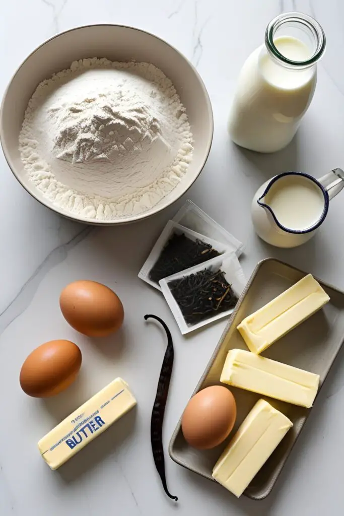 Ingredients for a moist Earl Grey cake recipe from scratch