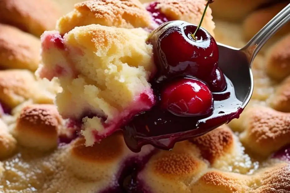 A golden-brown cherry dump cake in a glass baking dish with a scoop taken out, revealing the cherry pie filling.