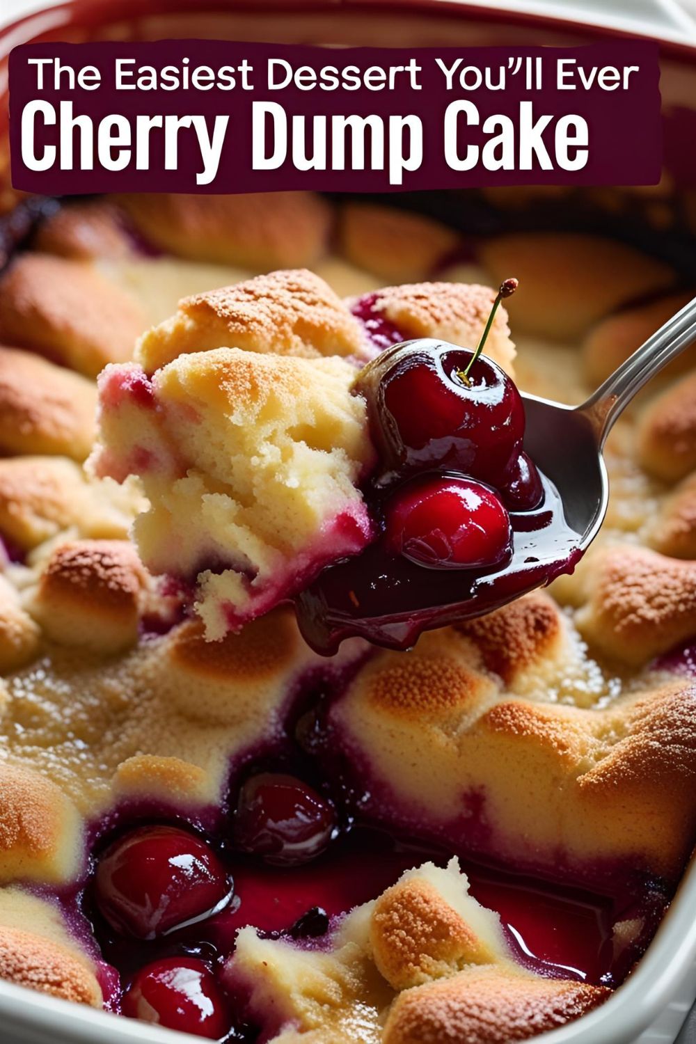 A golden-brown cherry dump cake in a glass baking dish with a scoop taken out, revealing the cherry pie filling.
