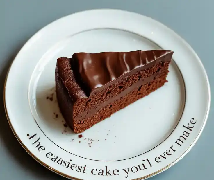 A delicious slice of homemade one-bowl chocolate cake with chocolate frosting on a plate.