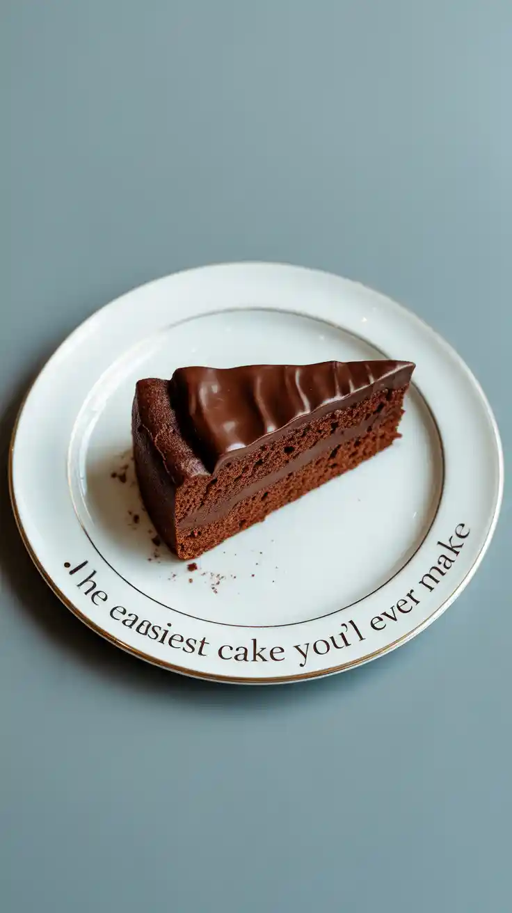 A delicious slice of homemade one-bowl chocolate cake with chocolate frosting on a plate.