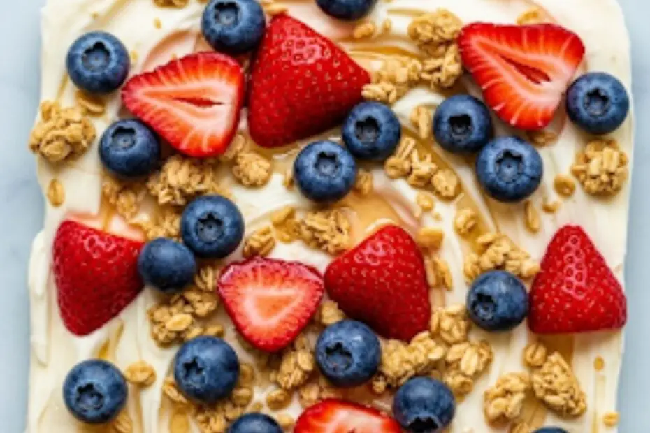 Text overlay "The Ultimate Greek Yogurt Dessert" over a vibrant, colorful, top-down shot of a sheet of frozen Greek yogurt bark broken into pieces, revealing berries, nuts, and chocolate.