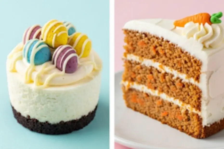 Text overlay "Easy Easter Dessert Ideas" over a bright, festive collage of different Easter treats, including a Mini Egg cheesecake, a slice of carrot cake, and a bird's nest cookie.