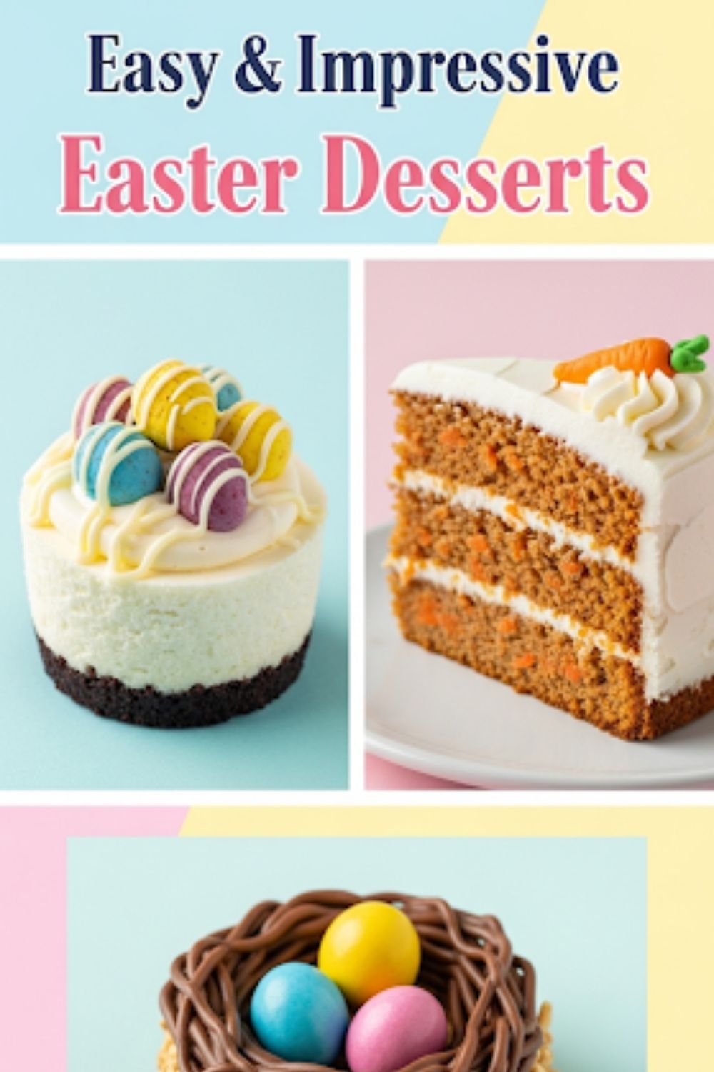 Text overlay "Easy Easter Dessert Ideas" over a bright, festive collage of different Easter treats, including a Mini Egg cheesecake, a slice of carrot cake, and a bird's nest cookie.