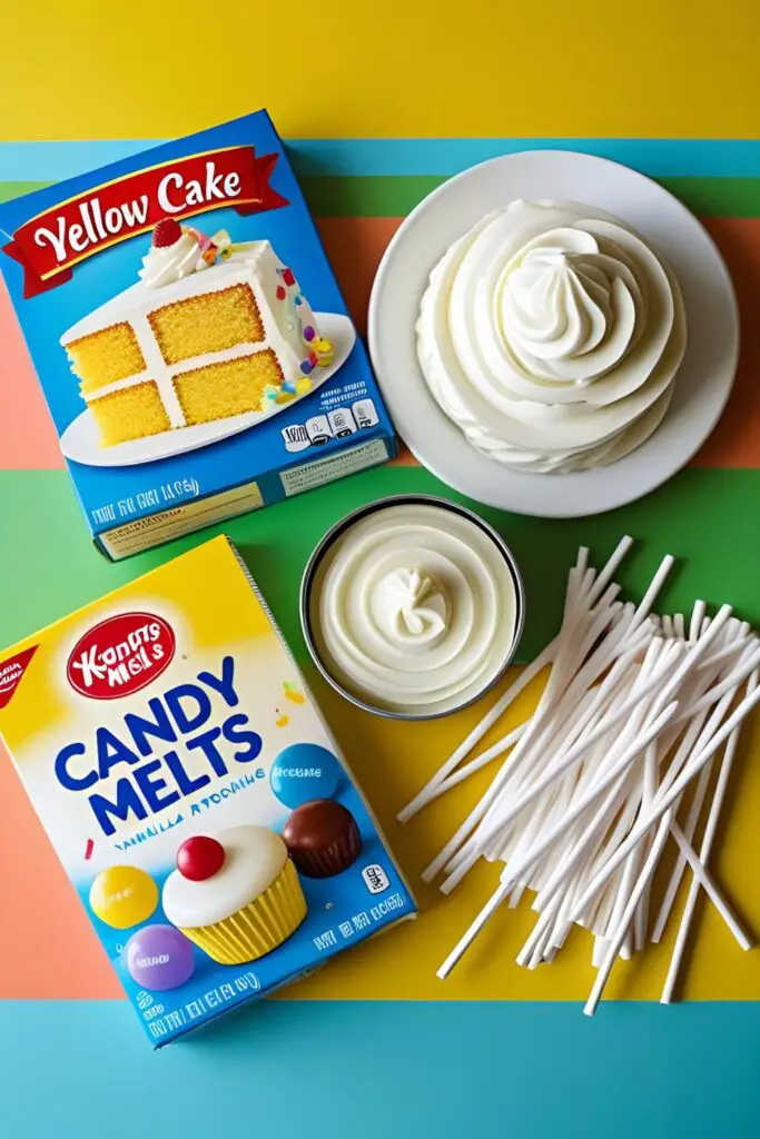 The simple ingredients for making easy cake pops: a box of cake mix, a can of frosting, candy melts, and lollipop sticks.