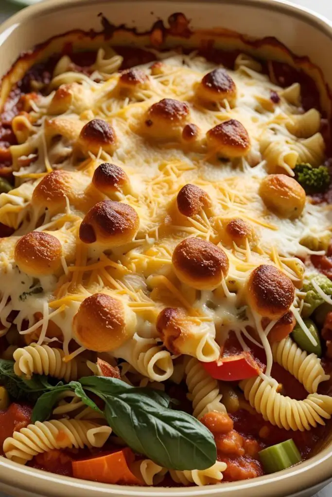 Close-up shot of a golden-brown, bubbly easy casserole dish with melted cheese and visible layers of ingredients, served in a rustic ceramic dish.