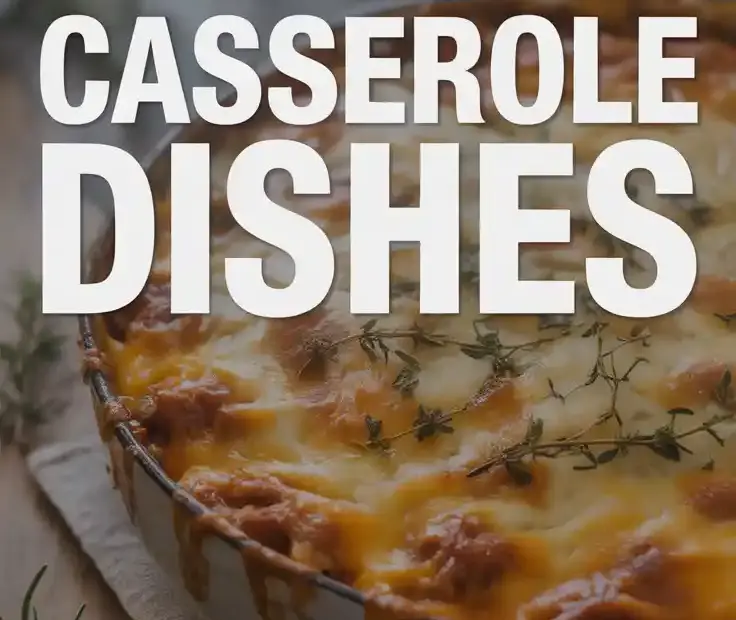 Viral Text Overlay: EASY CASSEROLE DISHES on a rustic wooden table with a partially visible, golden-brown casserole in the background.