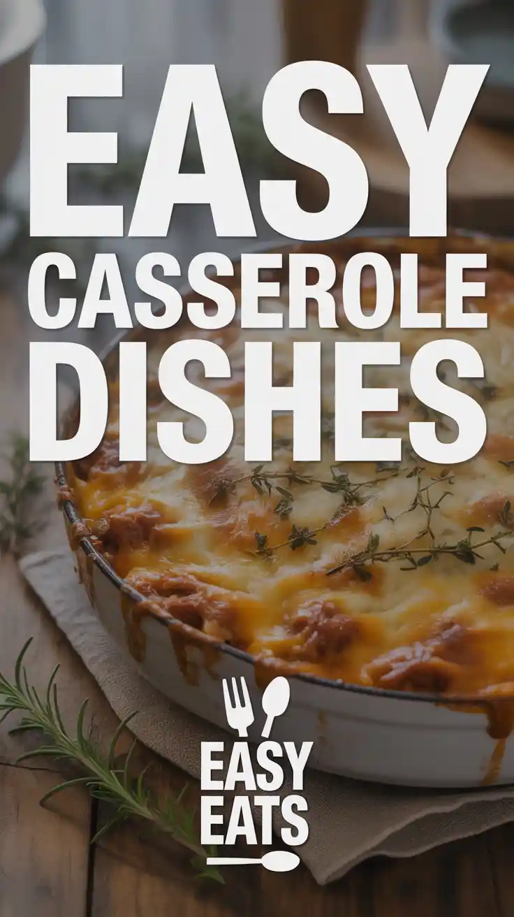 Viral Text Overlay: EASY CASSEROLE DISHES on a rustic wooden table with a partially visible, golden-brown casserole in the background.