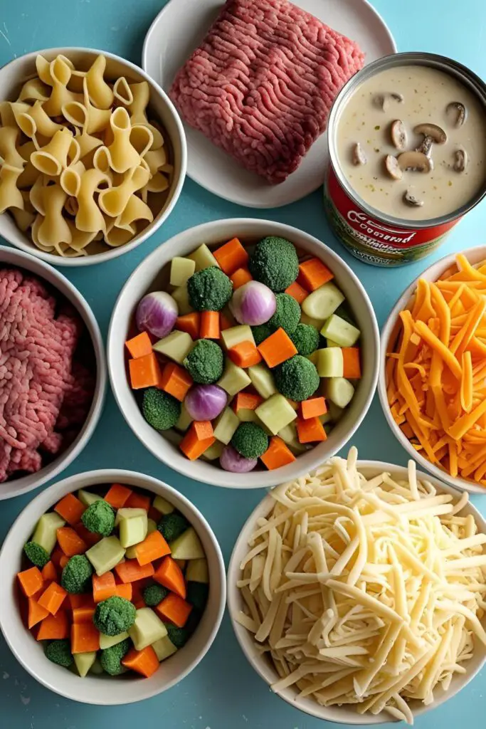 Collage of key ingredients for easy casserole dishes: uncooked pasta, ground meat, frozen vegetables, canned soup, and shredded cheese, laid out on a kitchen counter.