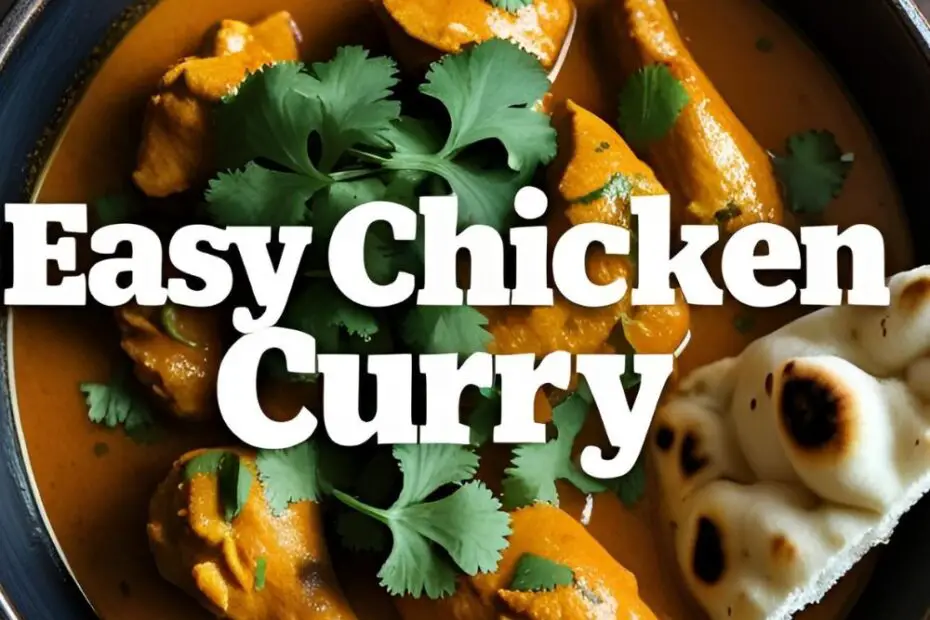 A delicious bowl of homemade chicken curry with naan bread, with the text overlay "Easy Chicken Curry."