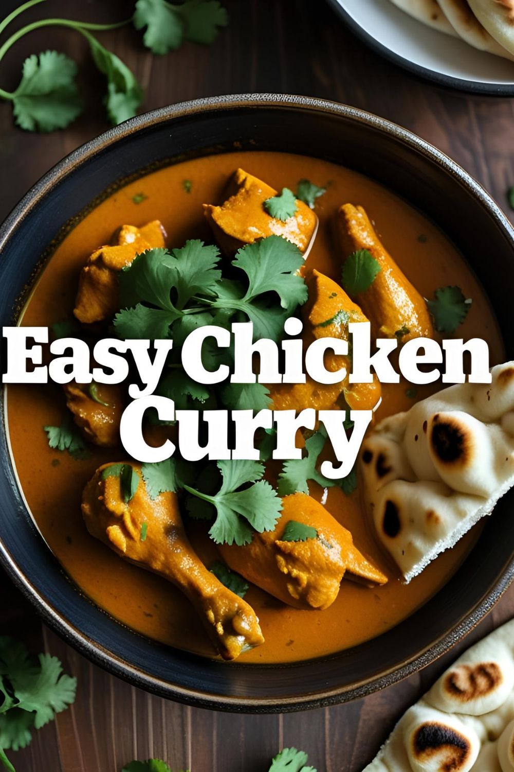 A delicious bowl of homemade chicken curry with naan bread, with the text overlay "Easy Chicken Curry."