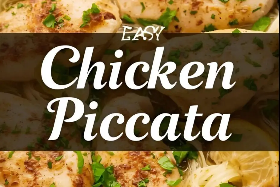 A skillet of golden-brown chicken piccata with the text overlay "Easy Chicken Piccata."