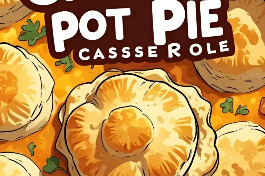 A close-up of a golden-brown and bubbly chicken pot pie casserole with a biscuit topping.