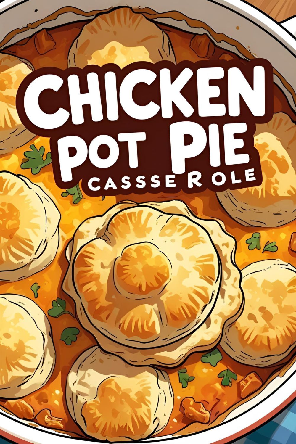 A close-up of a golden-brown and bubbly chicken pot pie casserole with a biscuit topping.