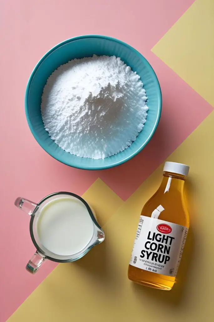 A flat lay of the simple ingredients for making cookie icing: powdered sugar, milk, and corn syrup