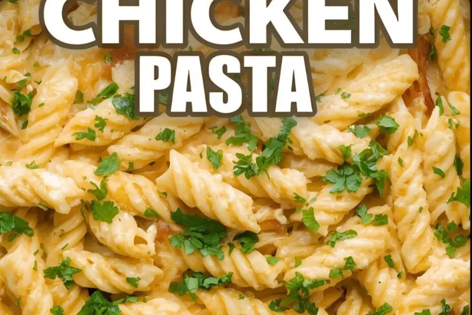 A skillet of creamy chicken pasta with the text overlay "The Easiest Creamy Chicken Pasta."