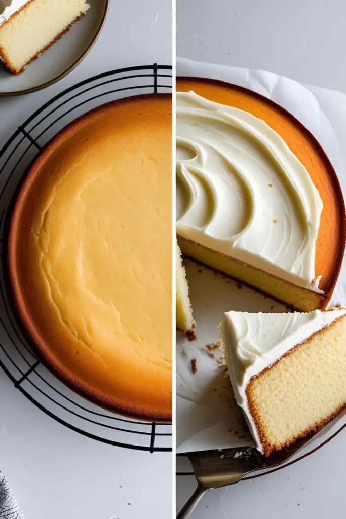  Two images of an eggless vanilla cake: one of the whole unfrosted cake cooling, and a close-up of a slice showing the soft crumb.
