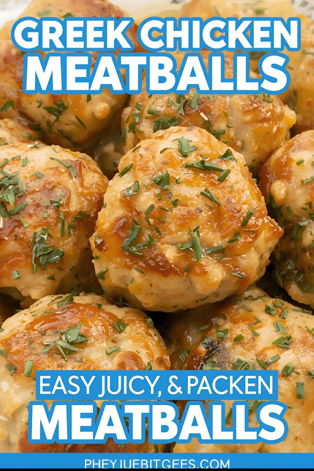 A plate of delicious Greek chicken meatballs with the text "Greek Chicken Meatballs."