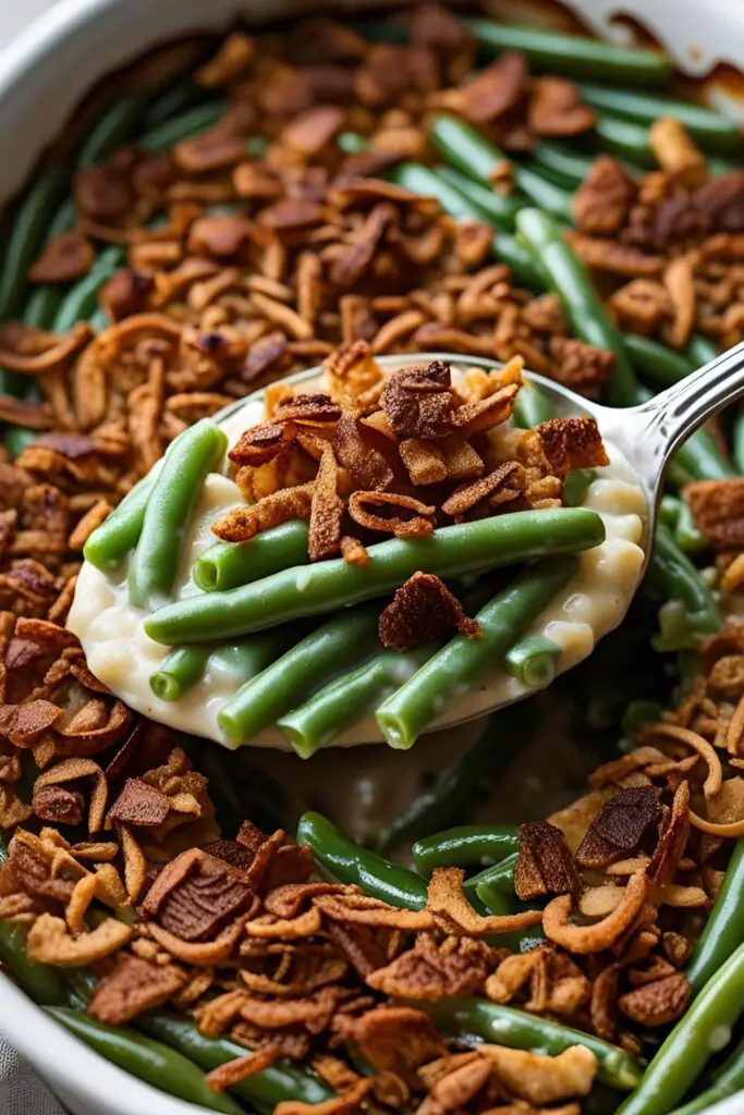 A delicious close-up of a serving spoon scooping a portion of the easy green bean casserole, showing the creamy mushroom sauce and the crunchy fried onion topping.