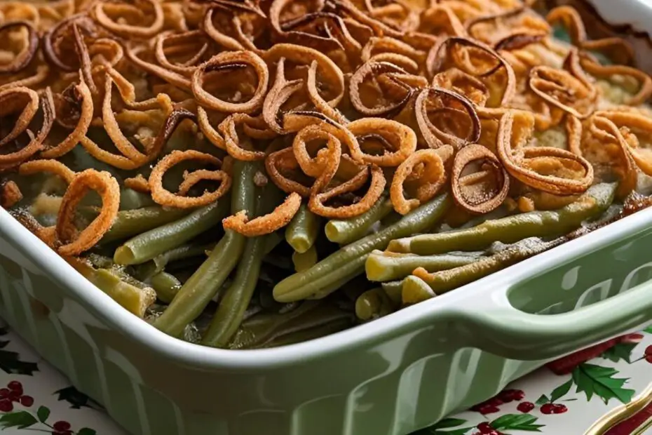 A holiday-themed feature image with the text "Easy Green Bean Casserole" over a finished casserole in a baking dish, topped with golden-brown fried onions.