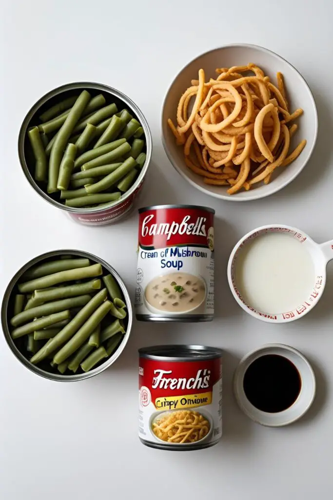  A flat lay of the 5 simple ingredients for the easy green bean casserole recipe: canned green beans, cream of mushroom soup, milk, soy sauce, and a container of crispy fried onions on a white surface.