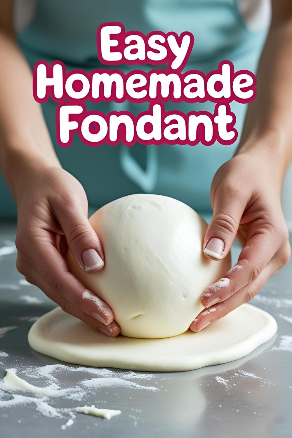 Hands kneading a smooth ball of white marshmallow fondant on a countertop, showing how to make fondant for beginners.