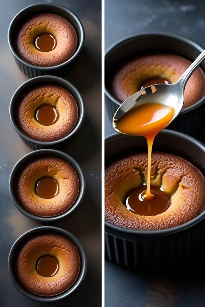 Two images of chocolate lava cakes: one showing four cakes in ramekins, and a close-up of a spoon dipping into the molten center.