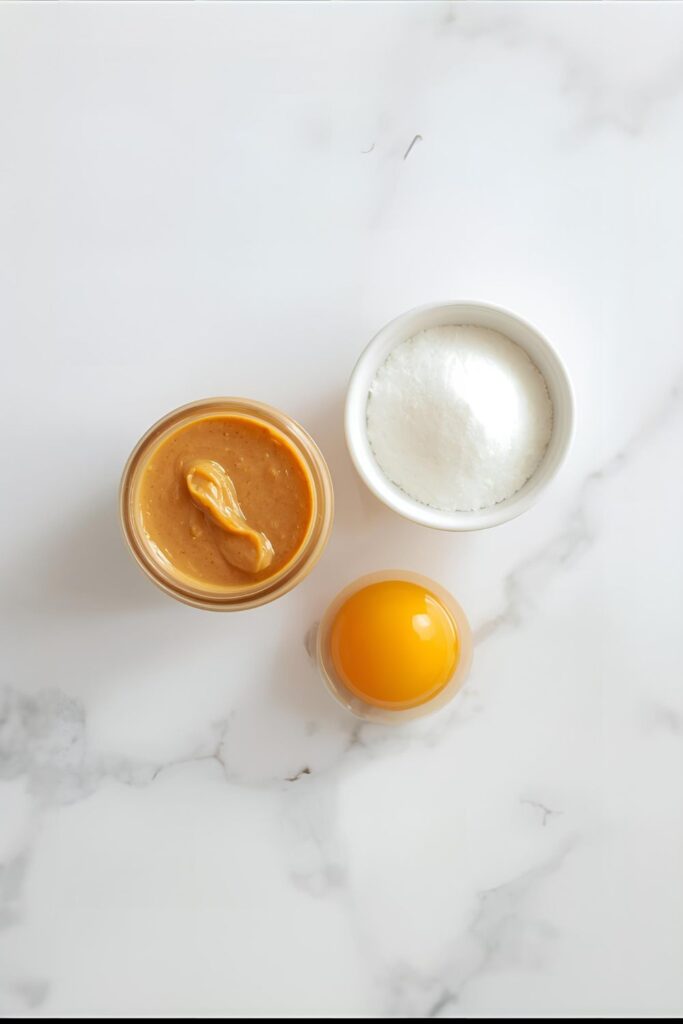  The three simple ingredients needed to make easy peanut butter cookies: peanut butter, sugar, and an egg.

