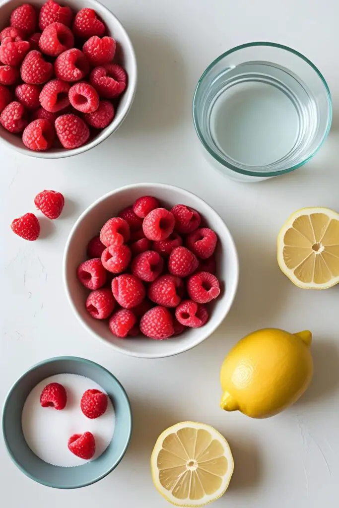 A flat lay of the simple ingredients for sorbet: fresh raspberries, sugar, water, and a lemon.