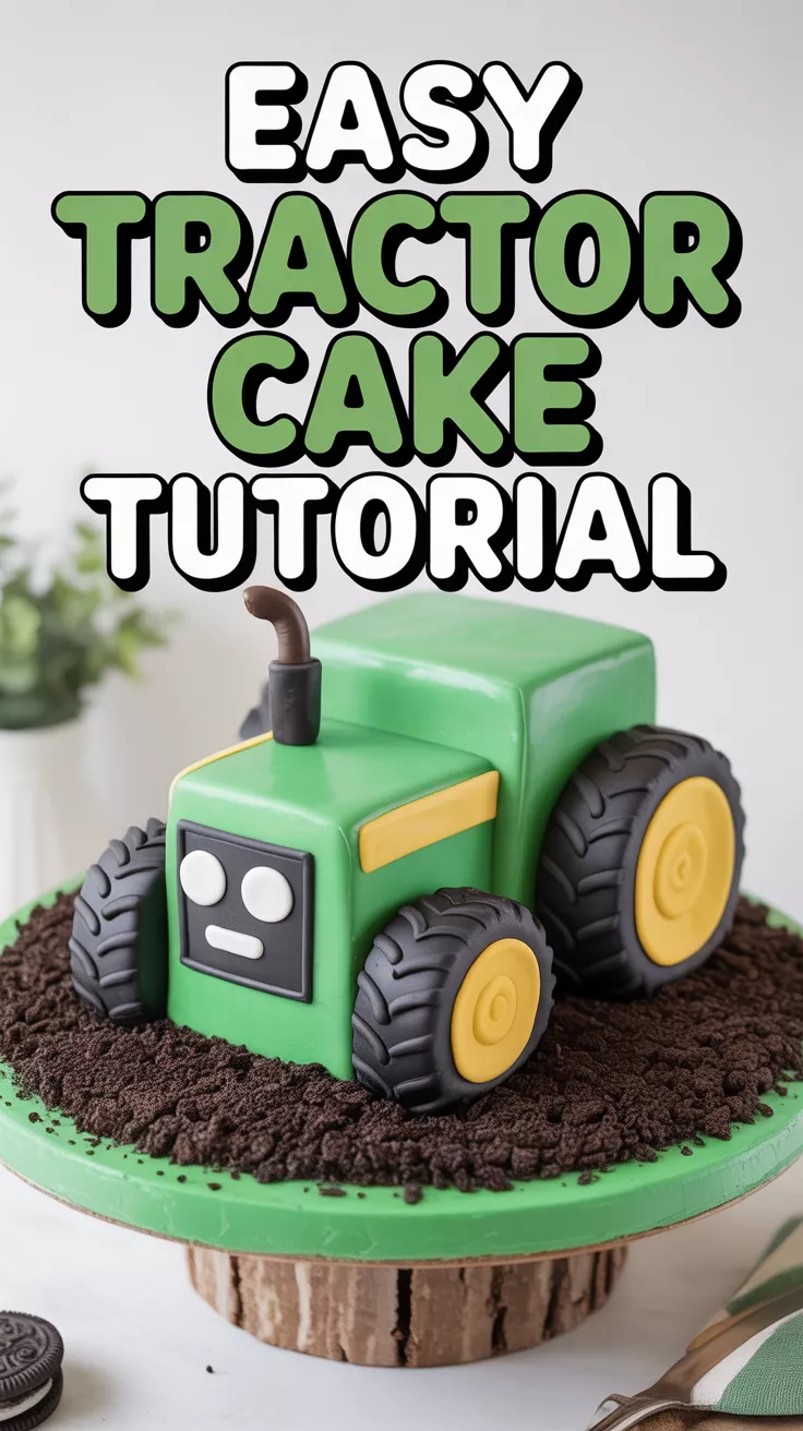A finished green tractor cake made from a loaf pan, with the text overlay "Easy Tractor Cake Tutorial."