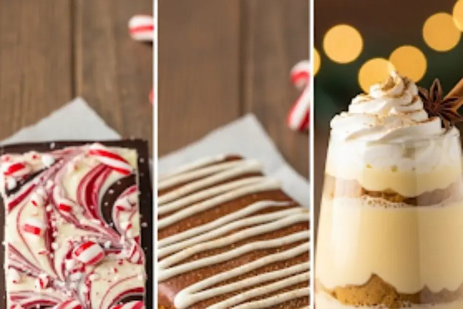 Text overlay "Easy Christmas Desserts" over a festive, beautiful collage of different holiday desserts, like peppermint bark, a gingerbread bar, and an eggnog parfait.