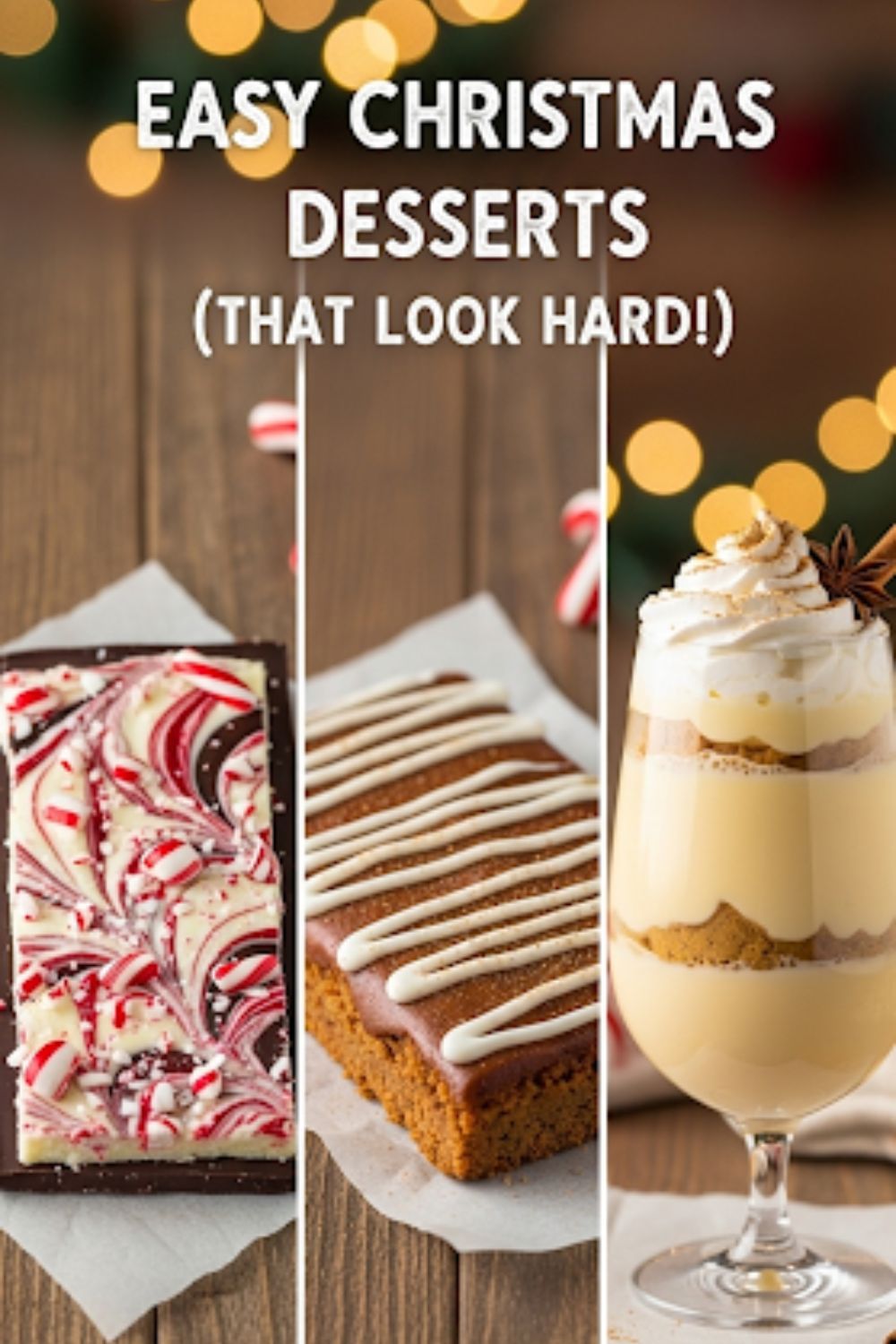 Text overlay "Easy Christmas Desserts" over a festive, beautiful collage of different holiday desserts, like peppermint bark, a gingerbread bar, and an eggnog parfait.