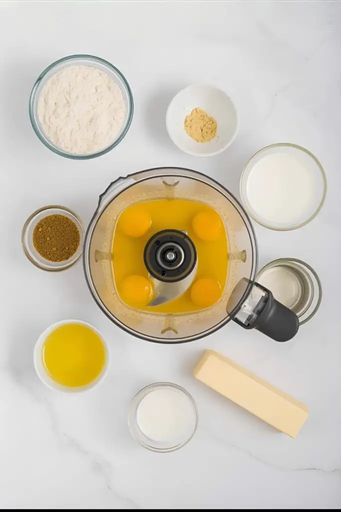 A clean, minimalist flat lay of ingredients for easy crepes arranged around a blender: flour, eggs, milk, water, and a stick of butter on a light, airy background.
