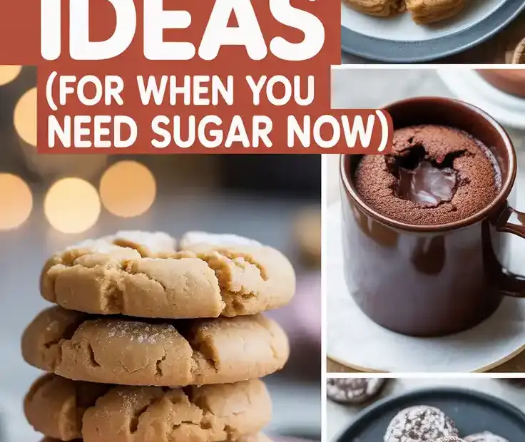 Text overlay "Easy Dessert Ideas" over a vibrant and appetizing collage of different easy desserts, including a peanut butter cookie, an Oreo truffle, and a chocolate mug cake.