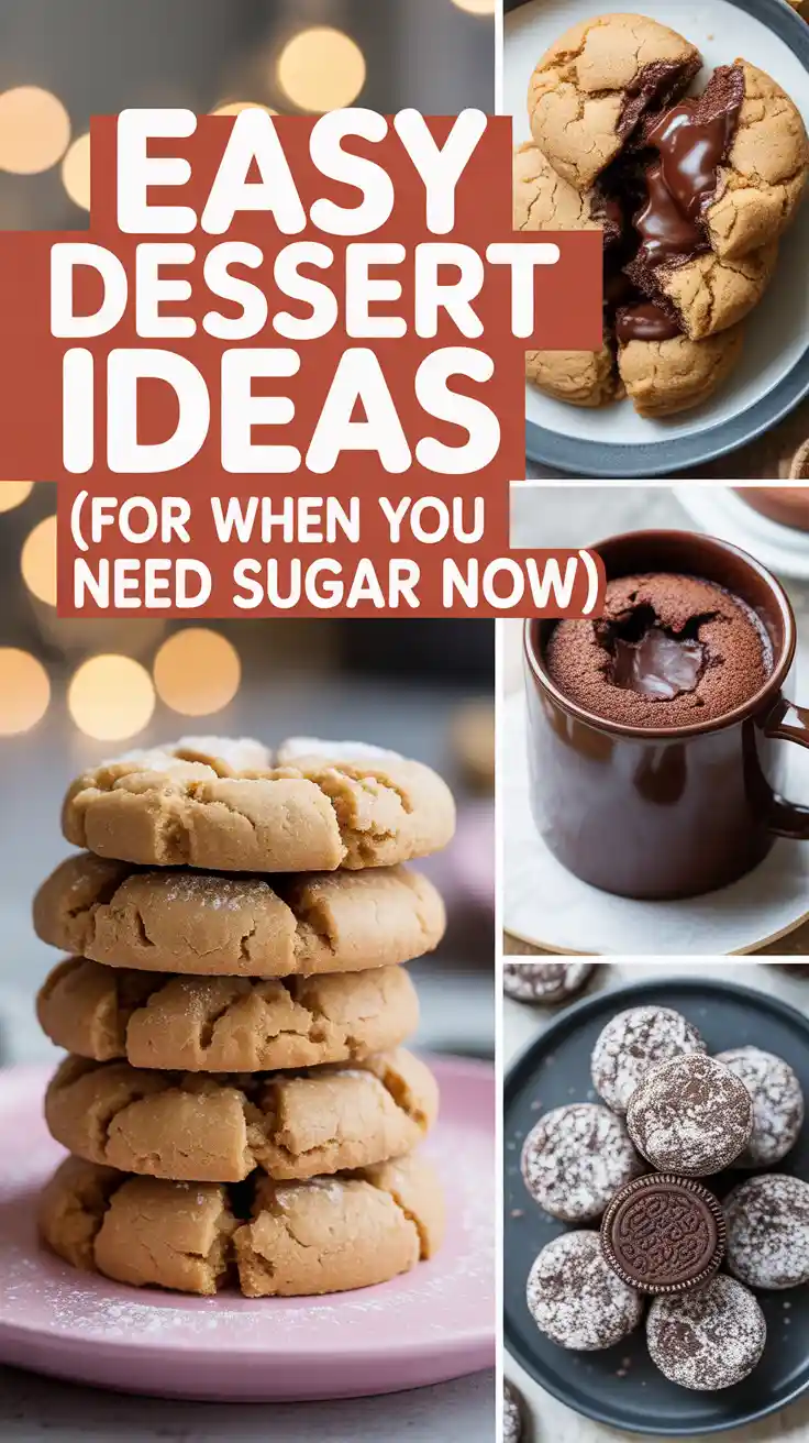 Text overlay "Easy Dessert Ideas" over a vibrant and appetizing collage of different easy desserts, including a peanut butter cookie, an Oreo truffle, and a chocolate mug cake.