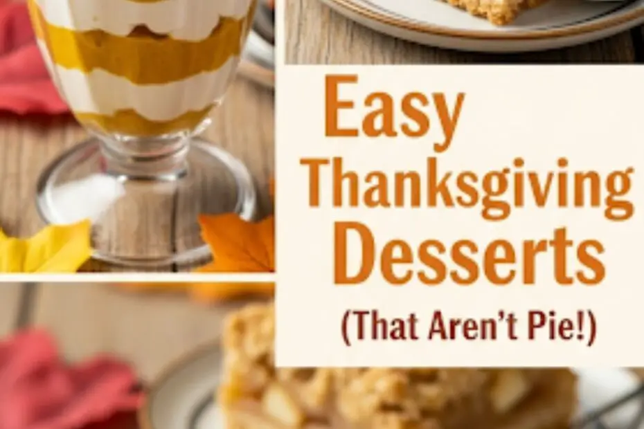 Text overlay "Easy Thanksgiving Desserts" over a festive, beautiful collage of different Thanksgiving treats, like a pumpkin parfait, a slice of apple crumble bar, and a pecan pie truffle.