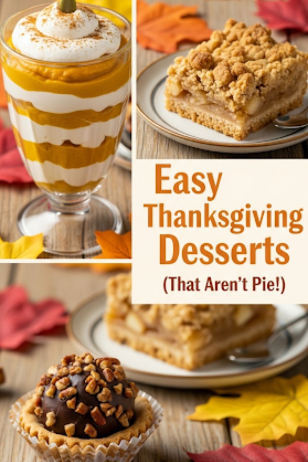 Text overlay "Easy Thanksgiving Desserts" over a festive, beautiful collage of different Thanksgiving treats, like a pumpkin parfait, a slice of apple crumble bar, and a pecan pie truffle.