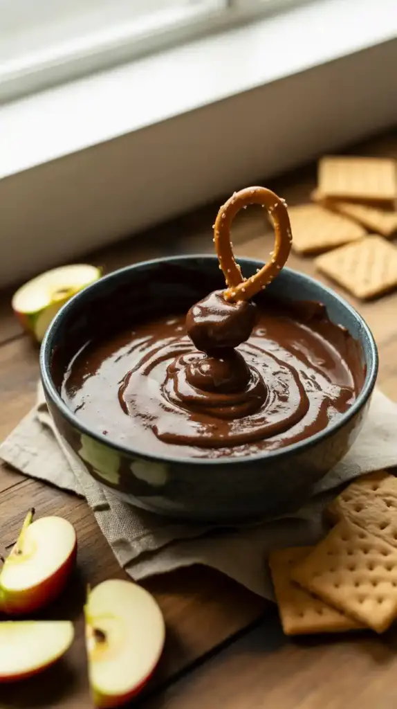 A bowl of edible brownie batter being served as a fun and delicious dessert dip with pretzels and fruit.