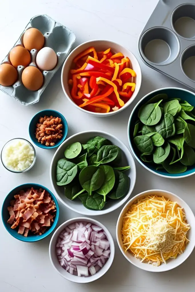 A flat lay of fresh ingredients for making muffin tin eggs, including eggs, chopped vegetables, bacon, and cheese.