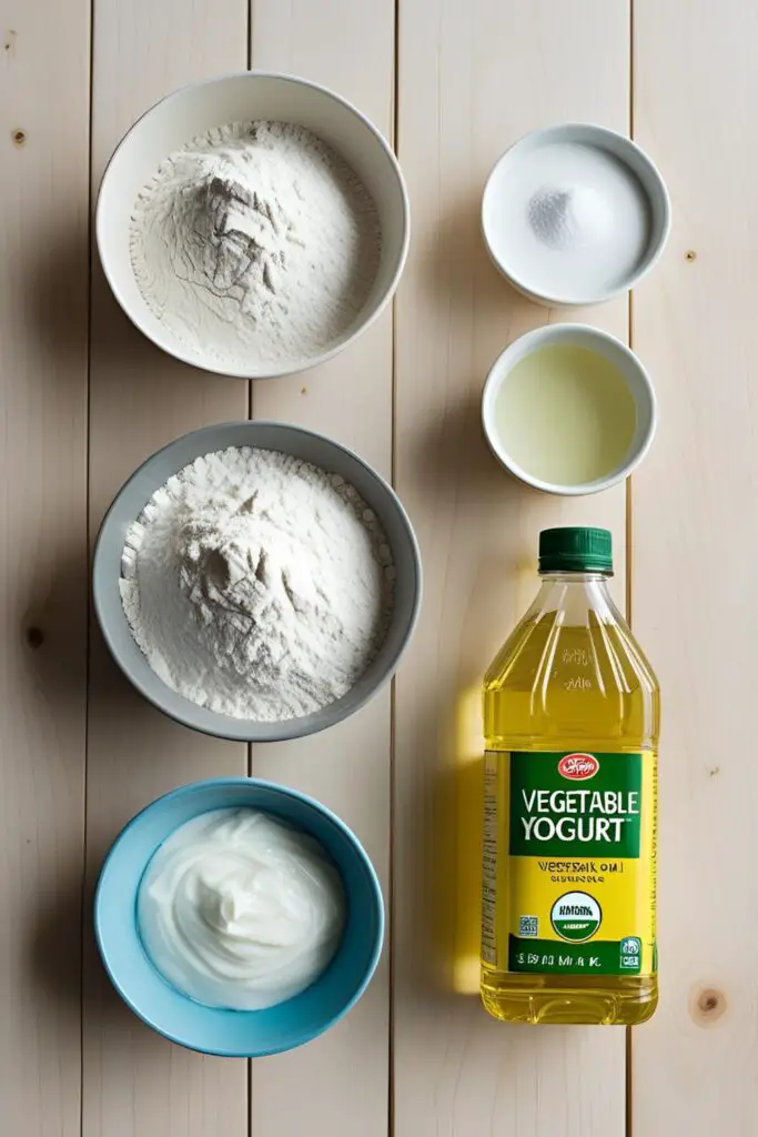 A flat lay of the simple ingredients for a moist eggless cake recipe, including flour, yogurt, oil, and vinegar.
