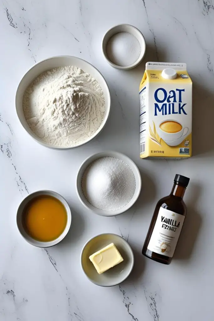 Ingredients for the easy eggless pancake recipe, including flour, sugar, oat milk, and vanilla, arranged on a white background.