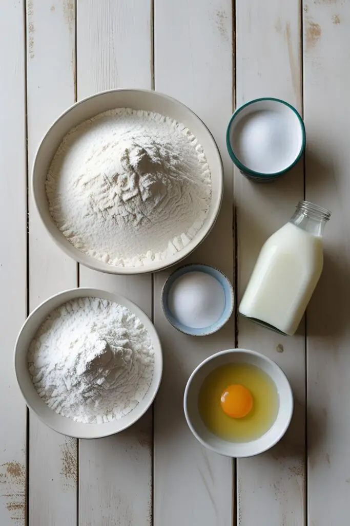 A flat lay of ingredients for eggless pancakes, including flour, milk, sugar, and vinegar, with no eggs in the shot.