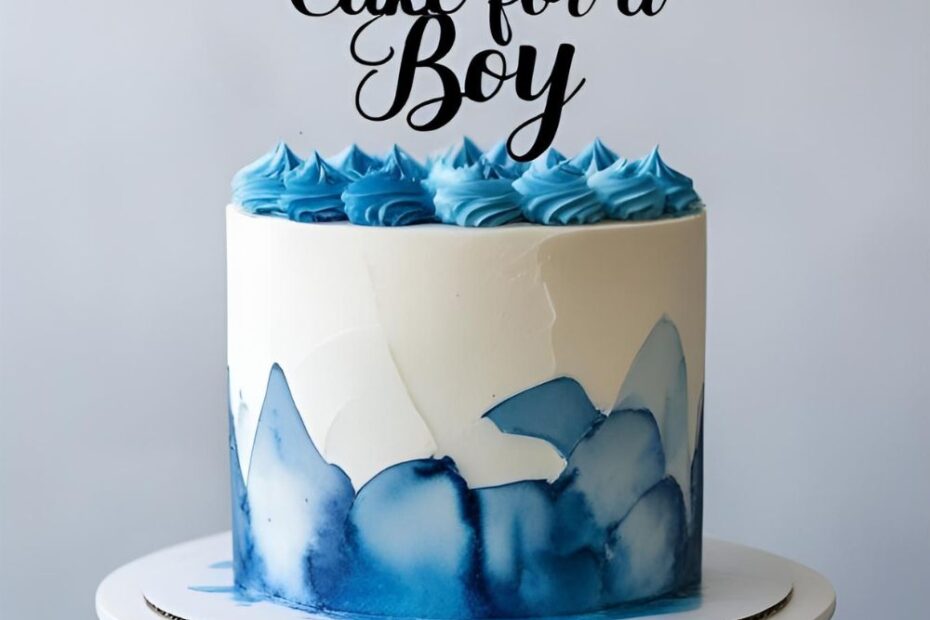 An elegant blue and white watercolor christening cake on a stand with the text overlay "Elegant Christening Cake for a Boy."
