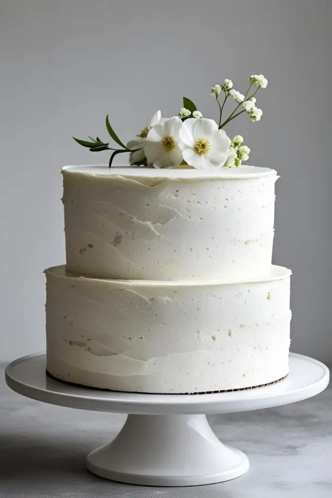 A full view of an elegant two-layer white cake with white buttercream frosting, decorated simply for a wedding or celebration.