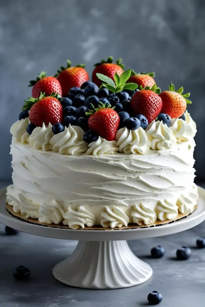 A full view of a beautiful fresh fruit cake on a stand, decorated with swirls of whipped cream and a pile of fresh berries.