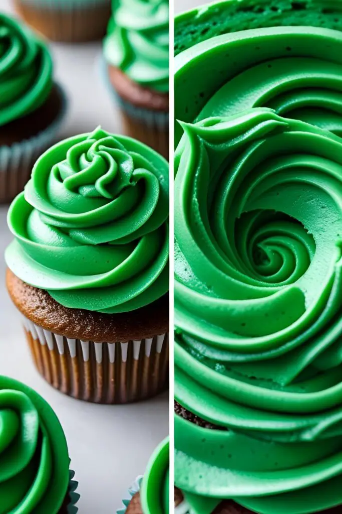 A two-panel image showing a cupcake decorated with emerald green frosting and a close-up of the frosting's rich color and texture.