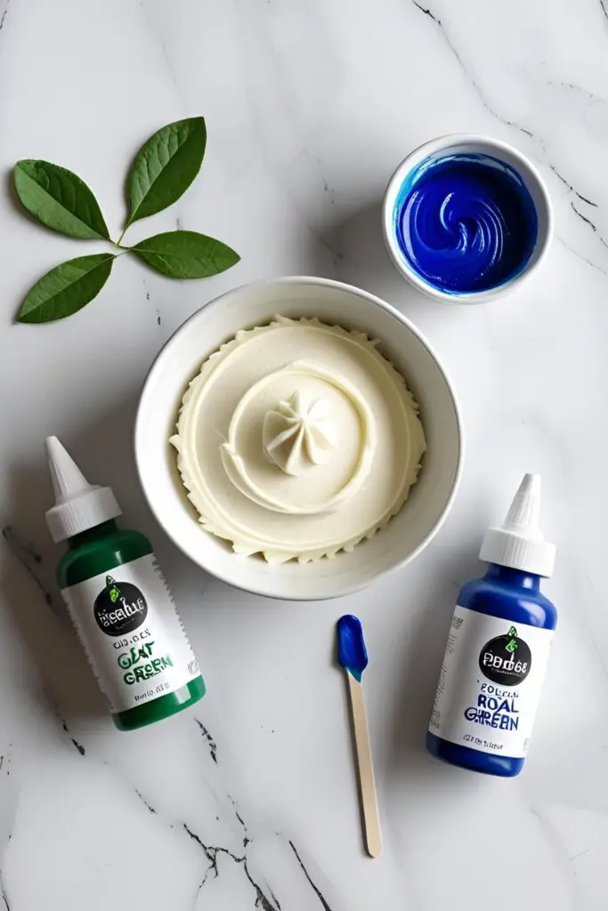 A flat lay showing the ingredients for making emerald green frosting: white buttercream and bottles of green and blue gel food coloring.