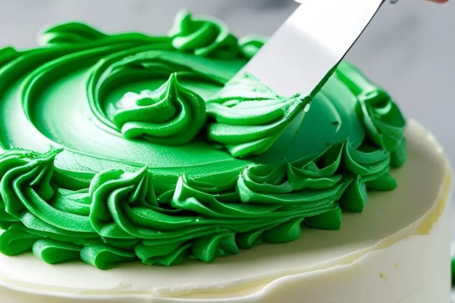 A cake being frosted with stunning emerald green buttercream, with the text overlay "Vibrant Emerald Green Frosting."